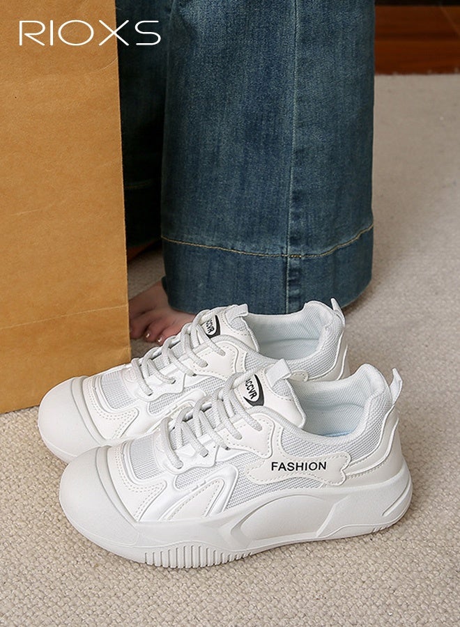 RIOXS Women's Breathable Casual White Sneakers, Fashionable Lace-Up Low-Top Thick-Sole Shoes, Classic Round Toe Comfortable Thick Sole, Versatile Everyday Style for Fashion and Practicality, White - Image 2